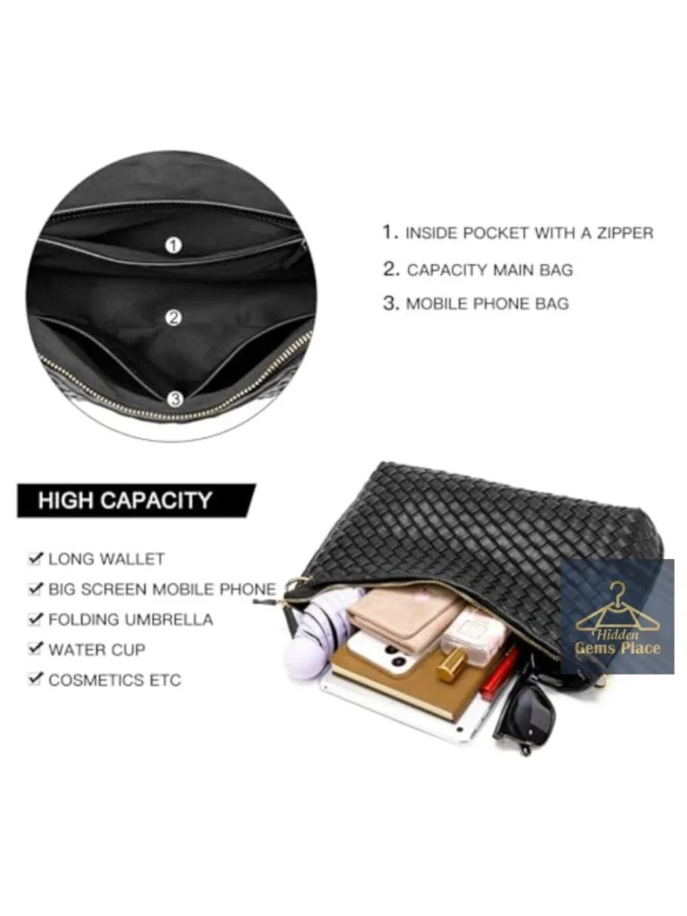 Woven Hobo Shoulder Bag Synthetic Leather Handbag with Zipper Pockets